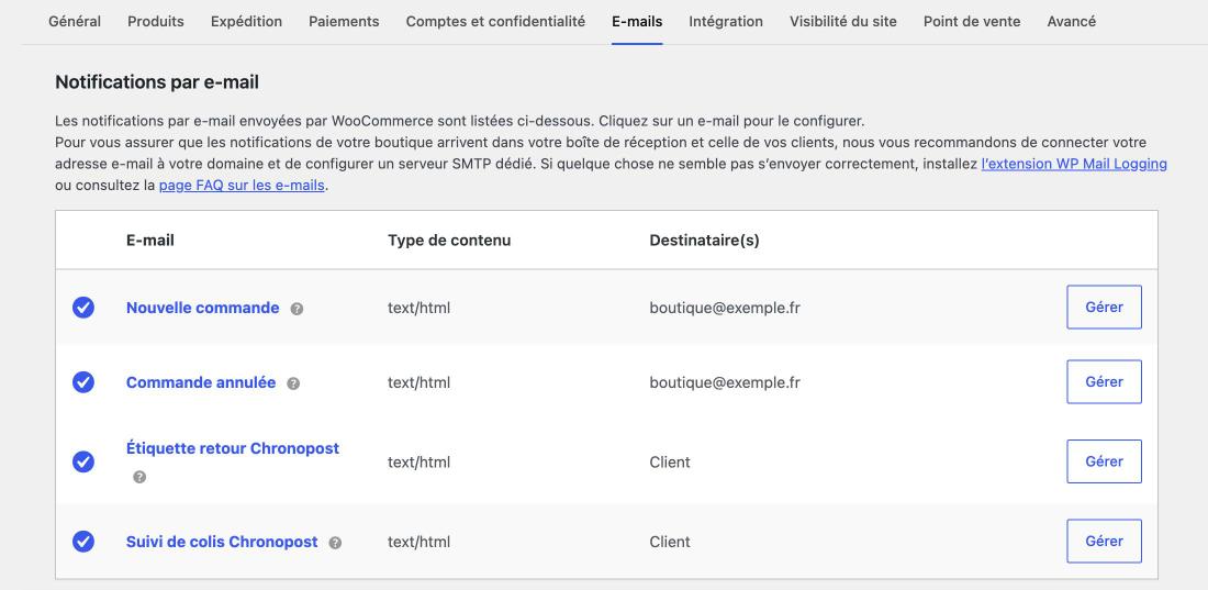Emails Chronopost dans les réglages WooCommerce