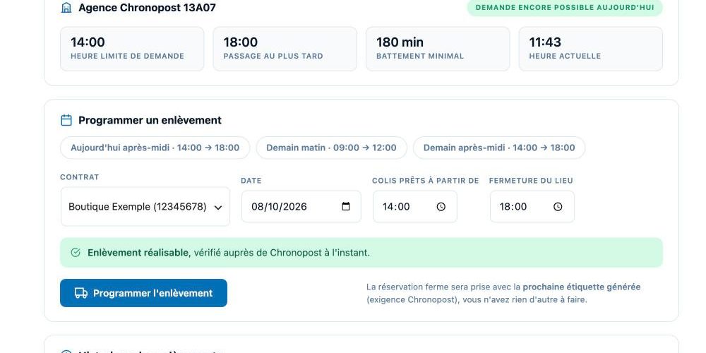 Écran Enlèvement Chronopost du plugin WooChrono