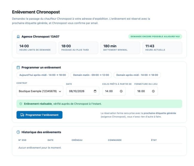 Écran Enlèvement Chronopost du plugin WooChrono