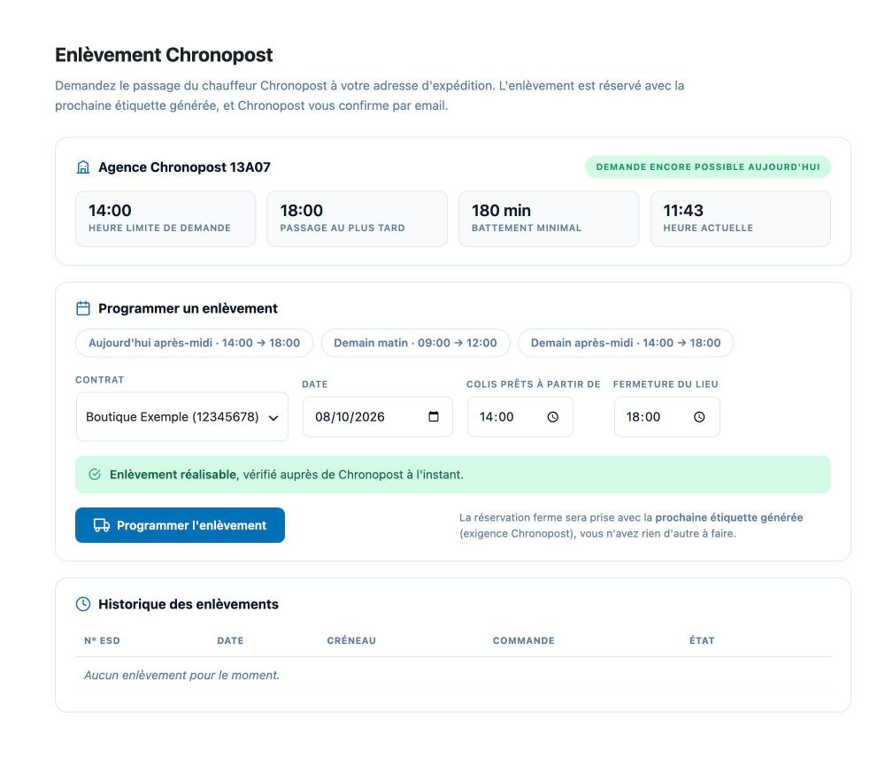 Écran Enlèvement Chronopost du plugin WooChrono