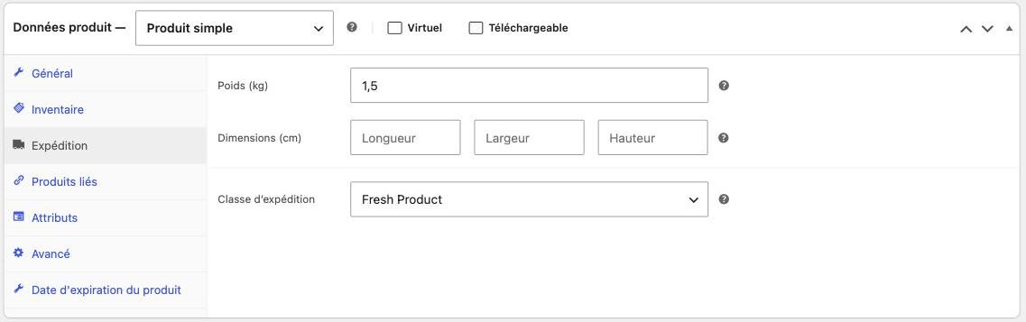 Classe d'expédition thermique sur une fiche produit WooCommerce