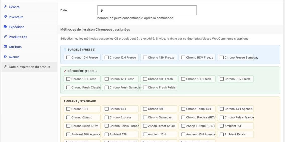 Onglet date de consommation et méthodes Chronopost sur une fiche produit