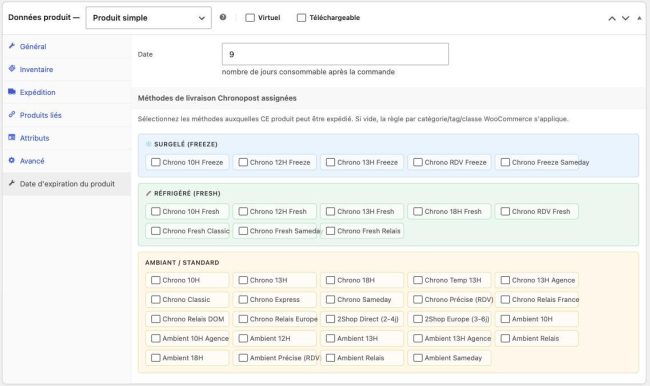 WooChrono DLC produit Onglet date de consommation et méthodes Chronopost sur une fiche produit