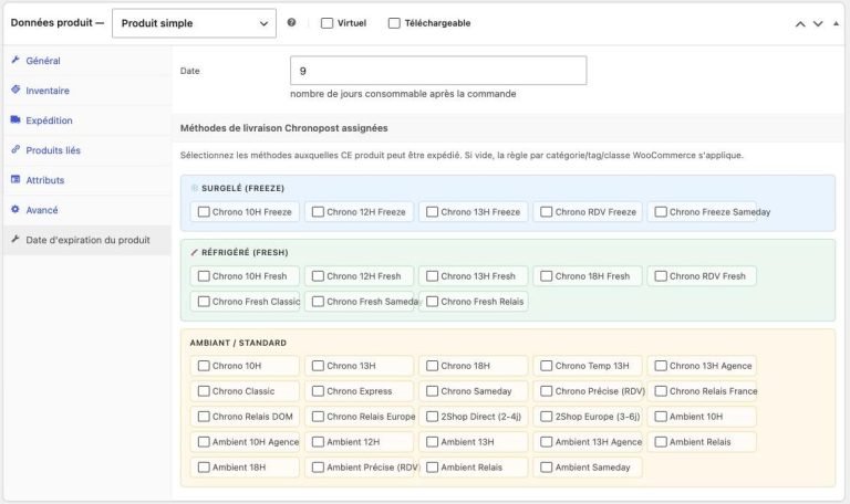 Onglet date de consommation et méthodes Chronopost sur une fiche produit
