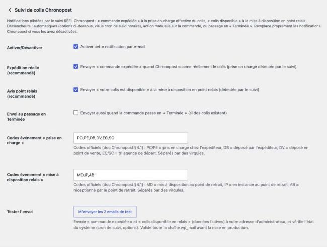 Réglages des notifications de suivi Chronopost dans WooCommerce