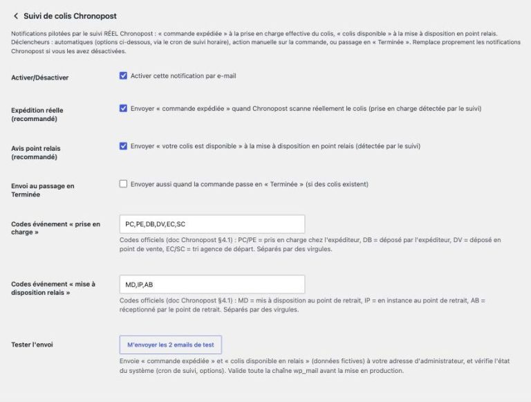 Réglages des notifications de suivi Chronopost dans WooCommerce