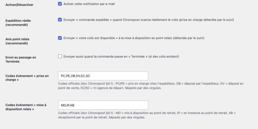 WooChrono notifications de suivi Réglages des notifications de suivi Chronopost dans WooCommerce