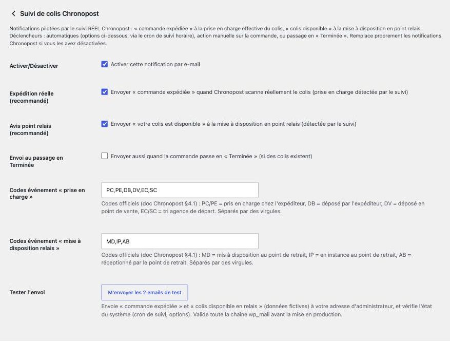 Réglages des notifications de suivi Chronopost dans WooCommerce